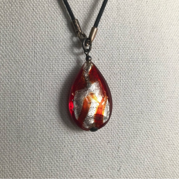 Murano Glass Red & Silver Teardrop Pendant - Picture 4 of 11